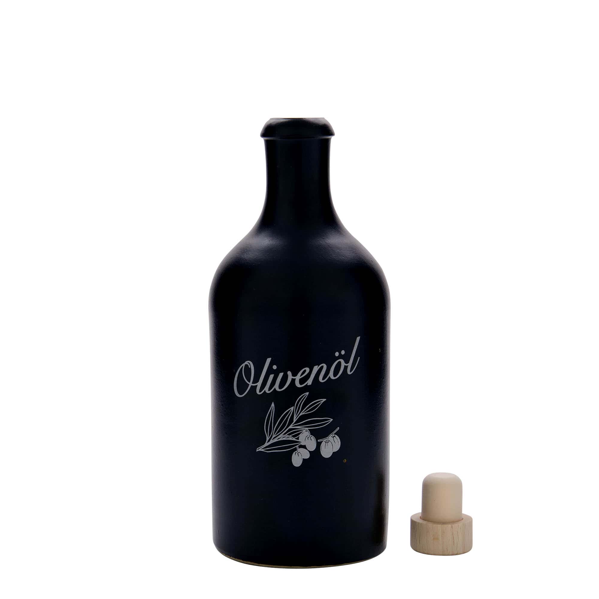 500 ml saviruukku, aihe: oliiviöljy, kivikeramiikka, musta, suuaukko: korkki