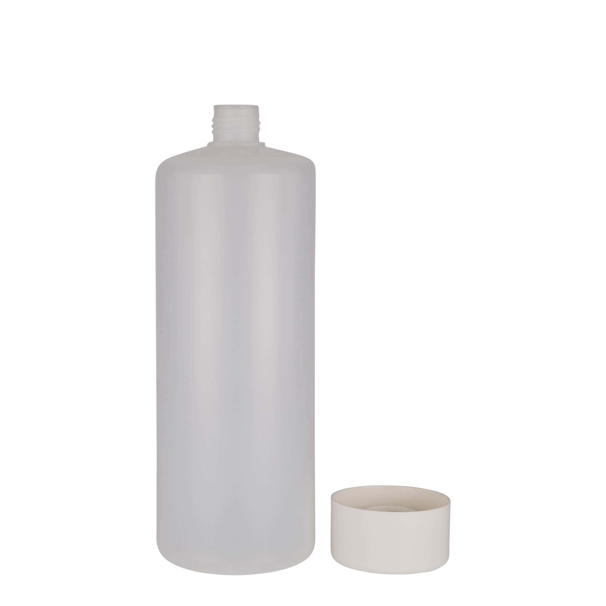 1000 ml pyöreä pullo, PE-muovi, natur, suu: Kierrekorkki
