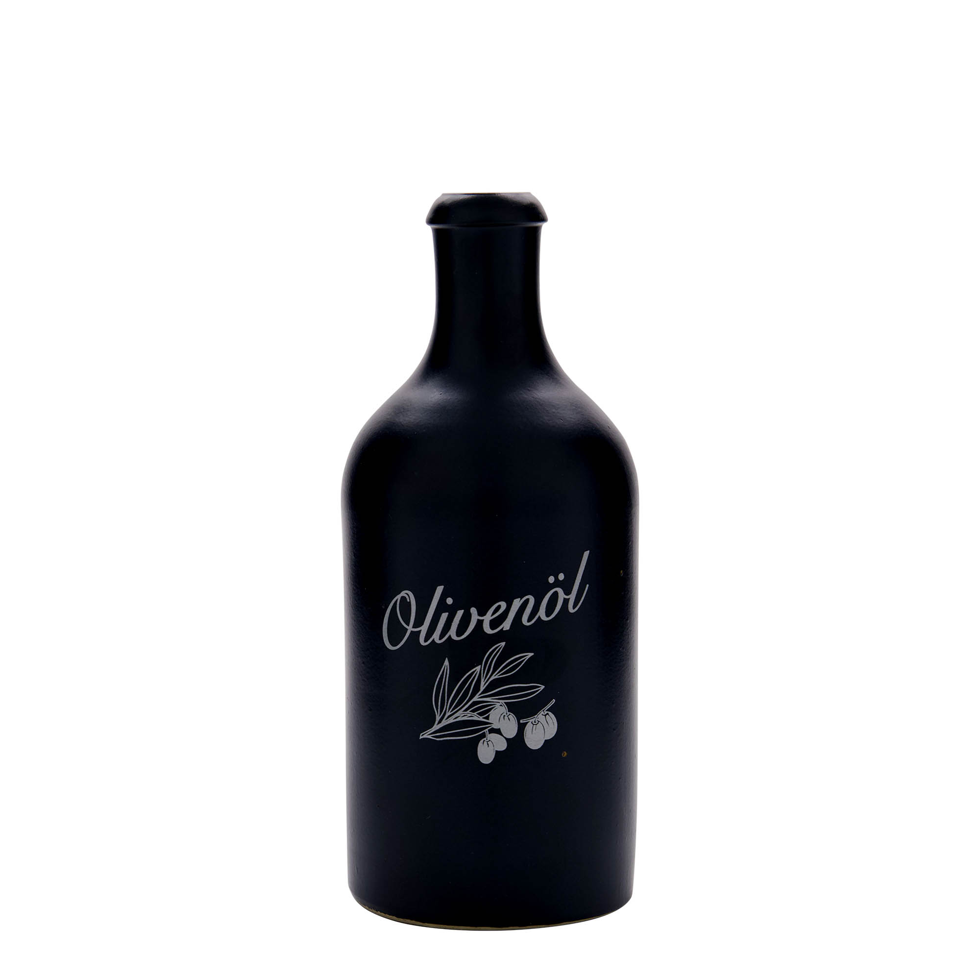 500 ml saviruukku, aihe: oliiviöljy, kivikeramiikka, musta, suuaukko: korkki