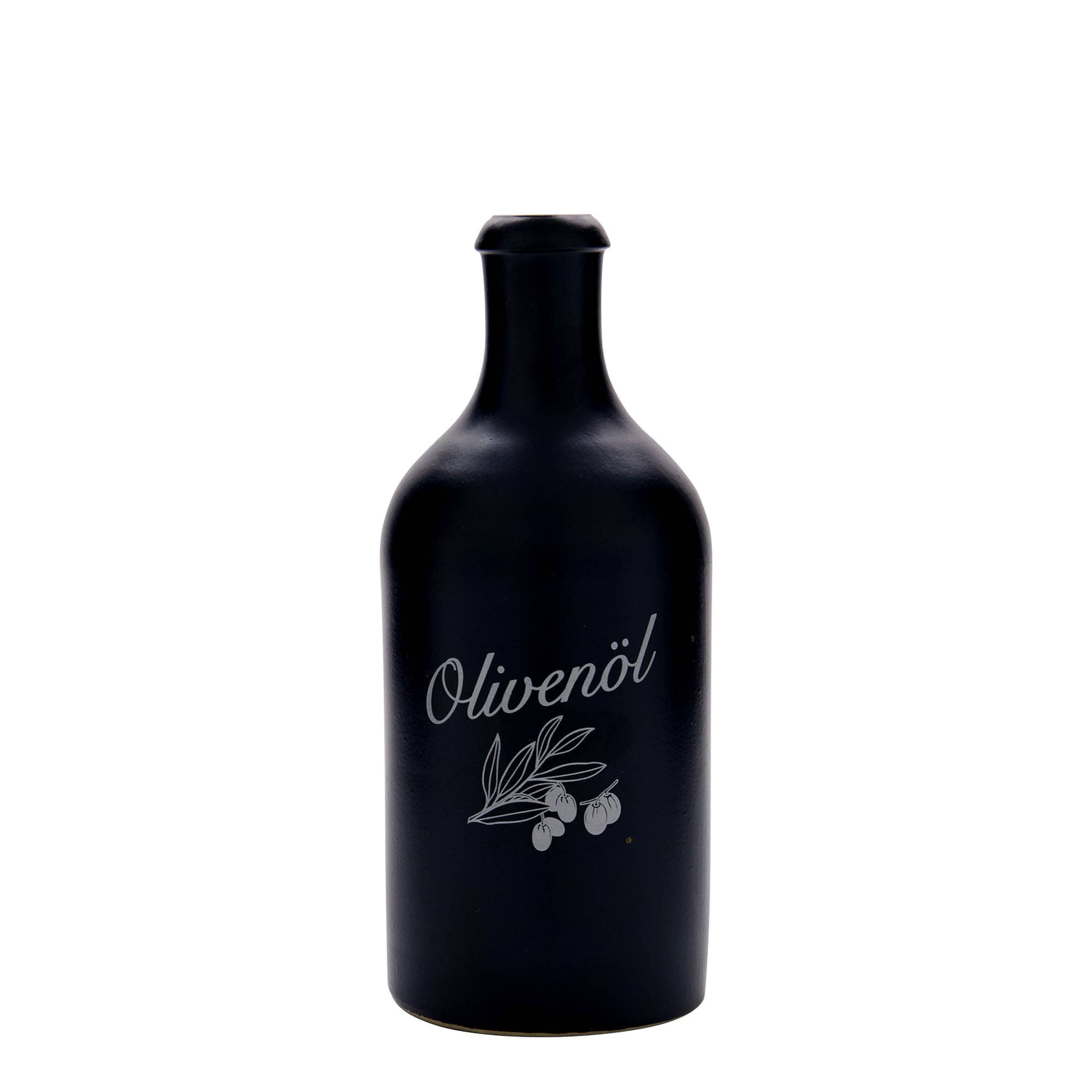 500 ml saviruukku, aihe: oliiviöljy, kivikeramiikka, musta, suuaukko: korkki