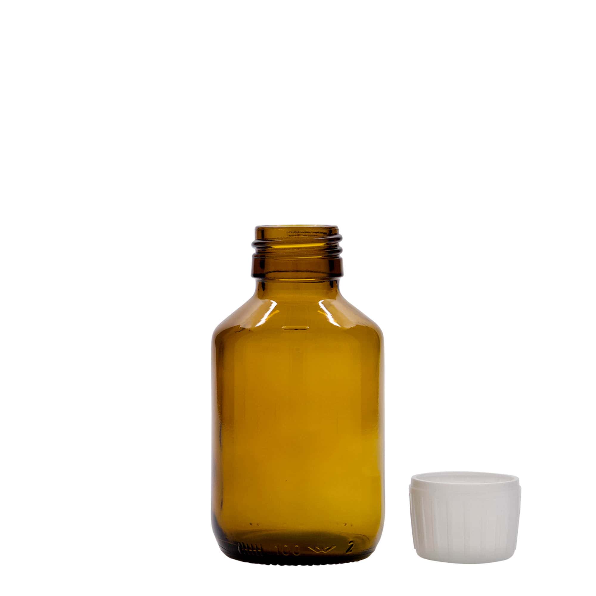 100 ml lääkepullo, ruskea, lasi, suuaukko: PP 28