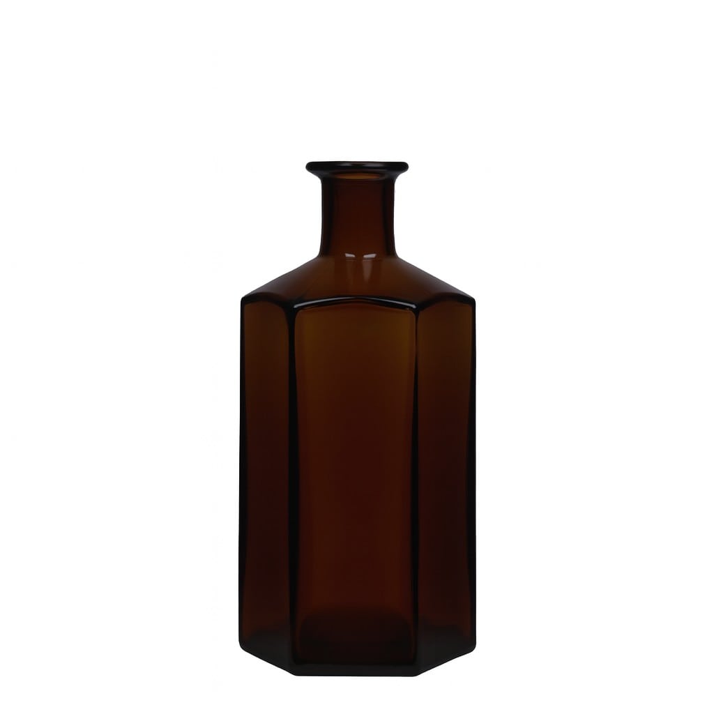 500 ml lasipullo apteekkari ”Jimmy”, kuusikulmainen, ruskea, suuaukko: korkki