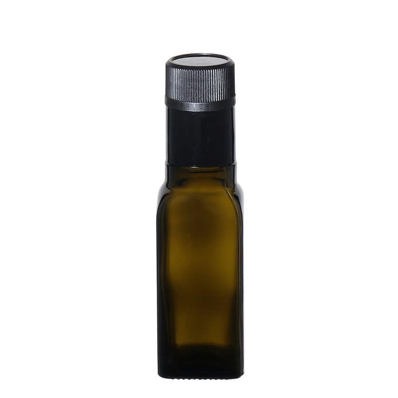 100 ml etikka-/öljypullo 'Quadra', lasi, neliö, antiikinvihreä, suu: DOP