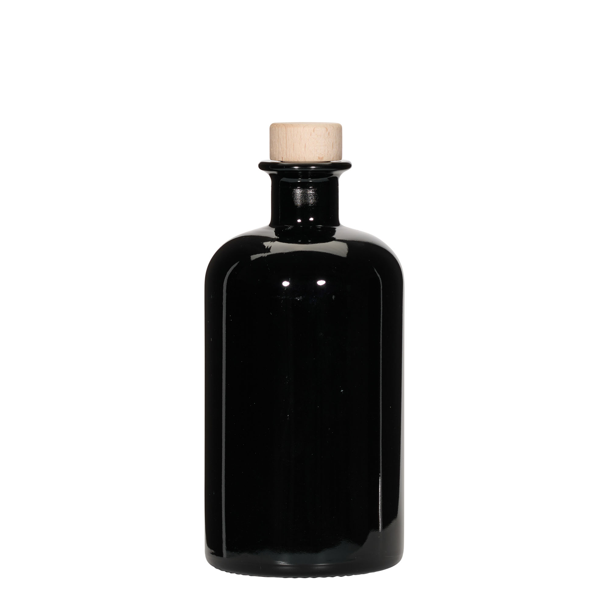 500 ml lasipullo apteekkarille, musta, suuaukko: korkki
