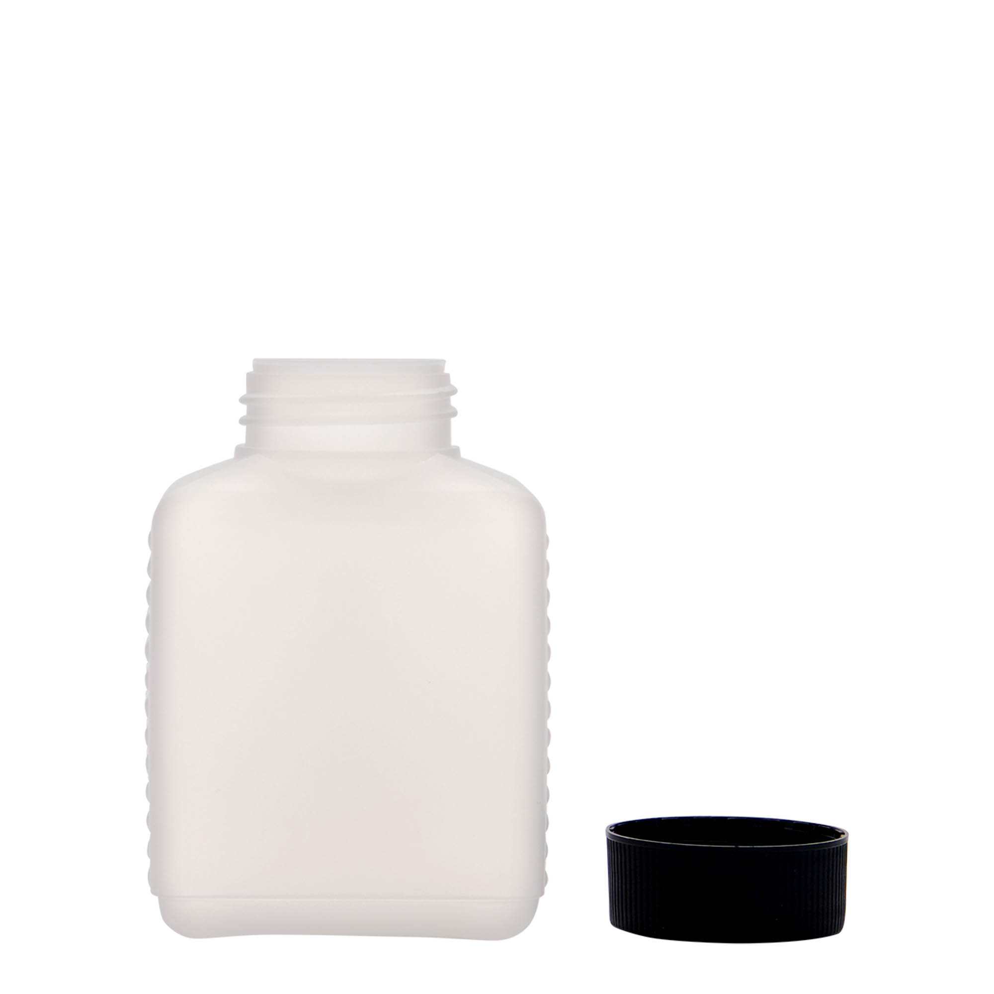 250 ml leveäkaulainen pullo, suorakaide, HDPE-muovi, luonnonväri, suuaukko: DIN 40 EPE