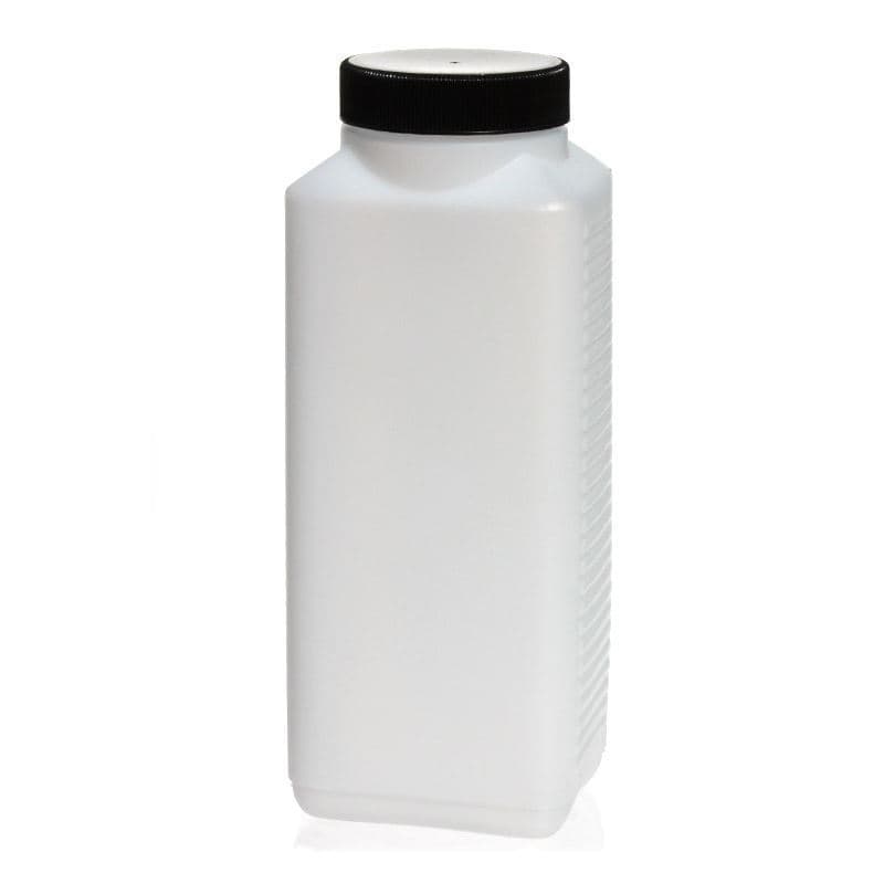 1000 ml leveäkaul. pullo, nelikulm., HDPE-muovi, natur, suu: DIN 60 EPE