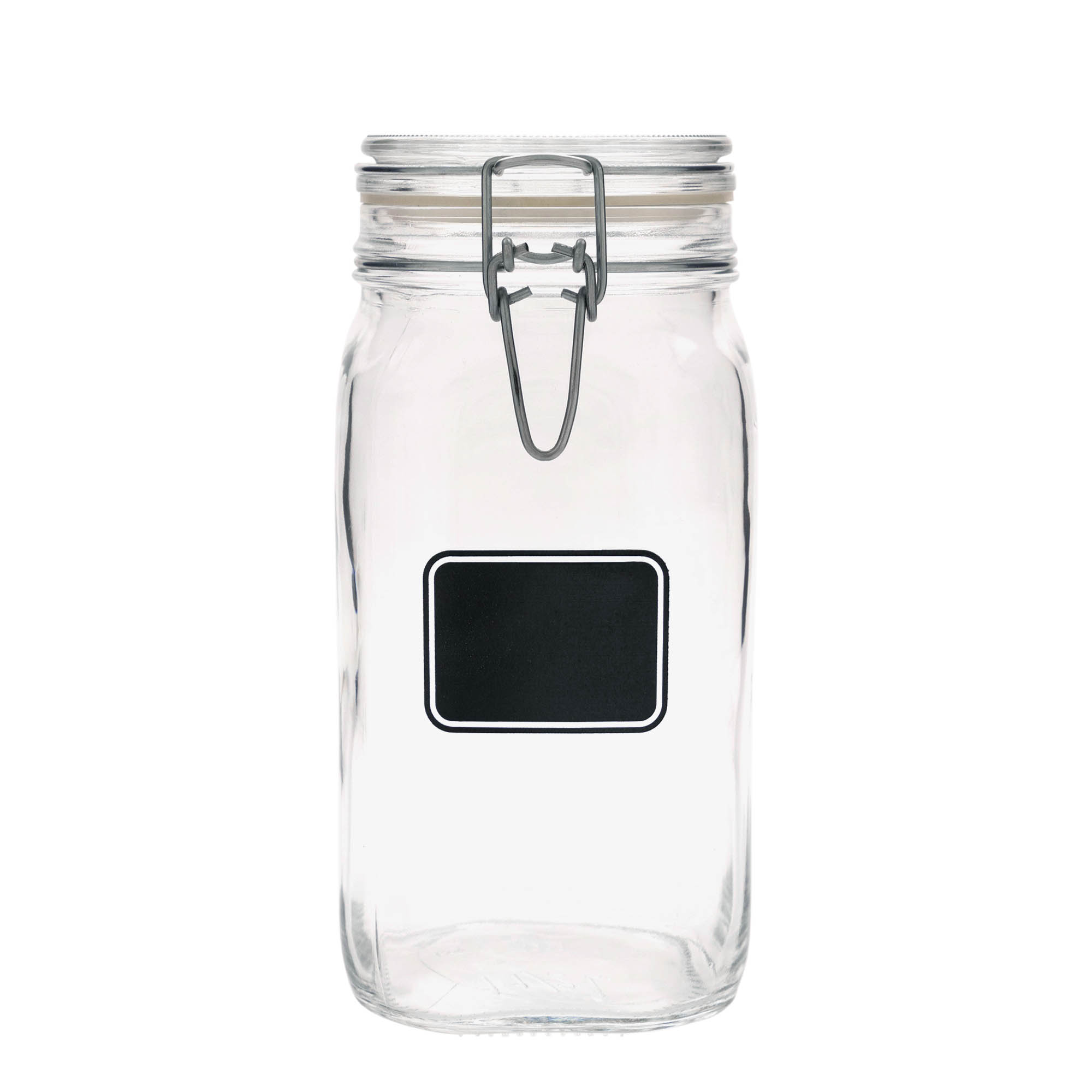 1 500 ml:n lankakahvainen lasipurkki 'Fido', koriste: etikettikenttä, neliö, suuaukko: lankakahvalukko 1 500 ml:n lankakahvainen lasipurkki 'Fido', koriste: etikettikenttä, neliö, suuaukko: lankakahvalukko