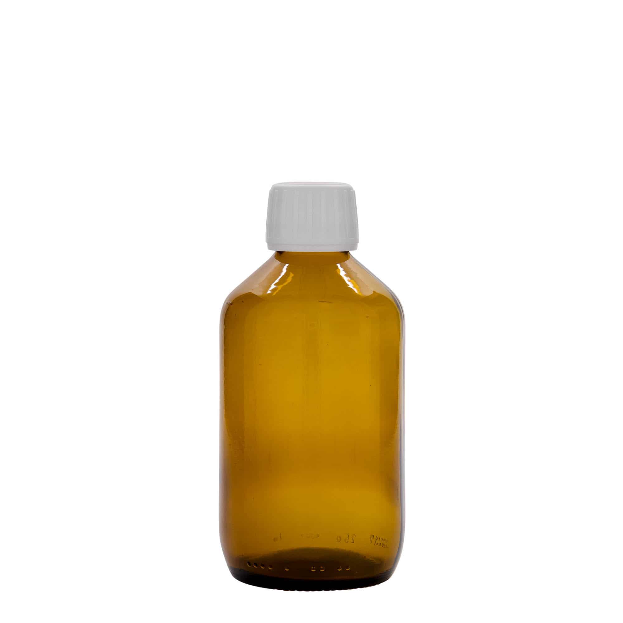250 ml lääkepullo, ruskea, lasi, suu: PP 28