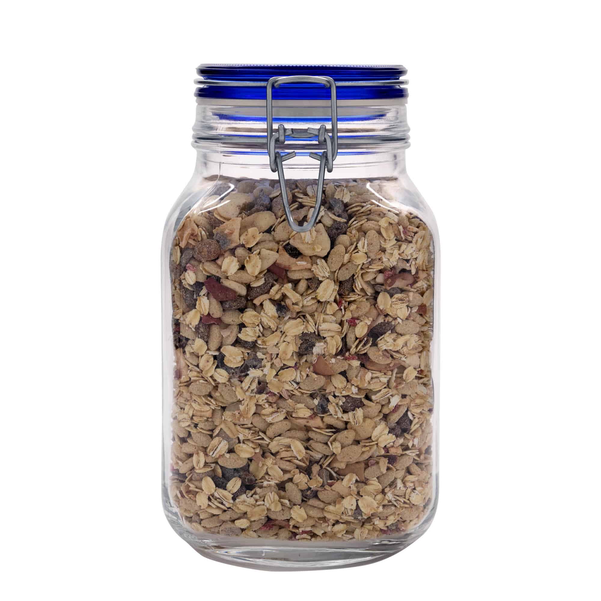 2 000 ml langallinen lasipurkki 'Fido' sinisellä kannella, neliömäinen, suuaukko: langallinen suljin