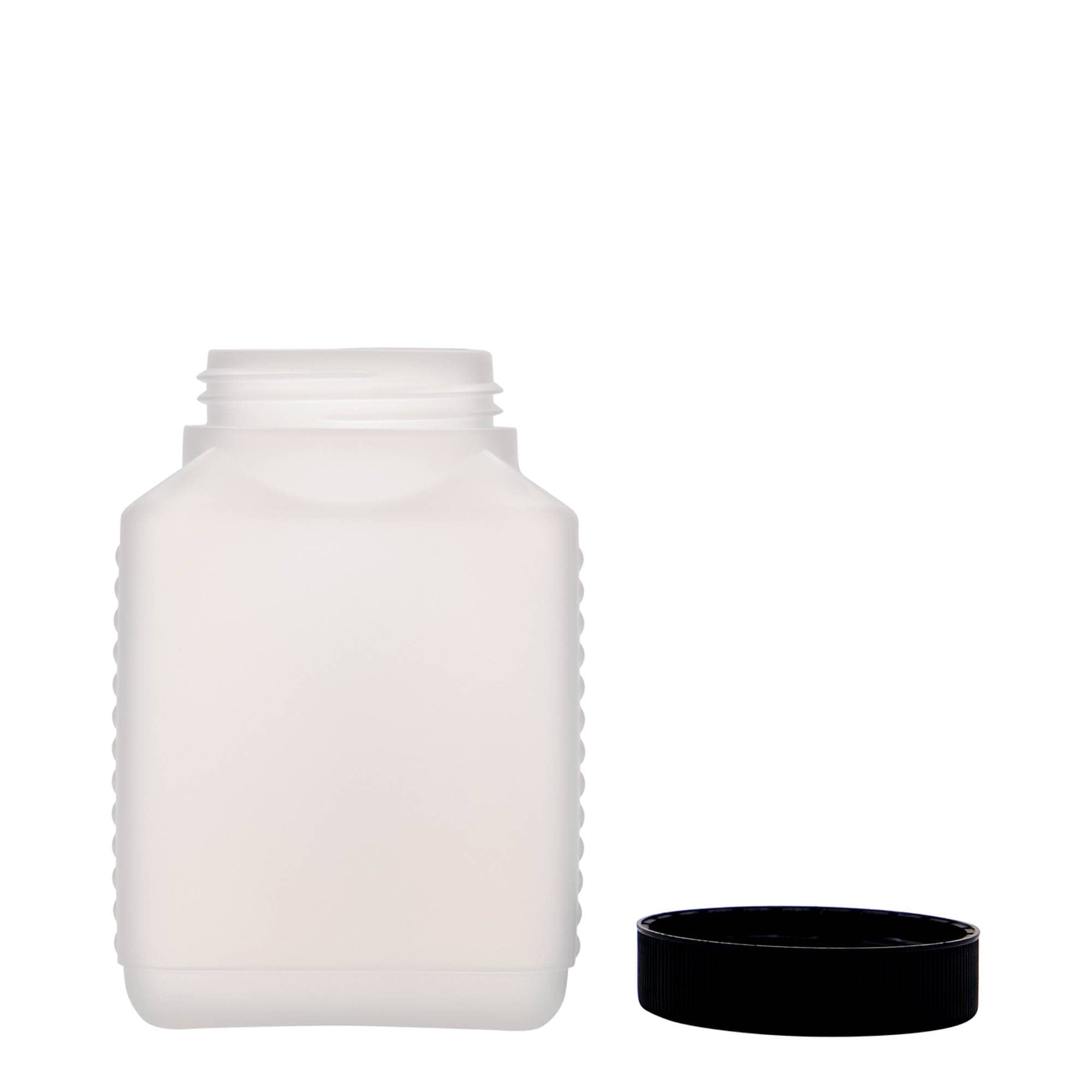 500 ml leveäkaulainen pullo, suorakulmainen, HDPE-muovia, luonnonvärinen, suuaukon koko: DIN 60 EPE