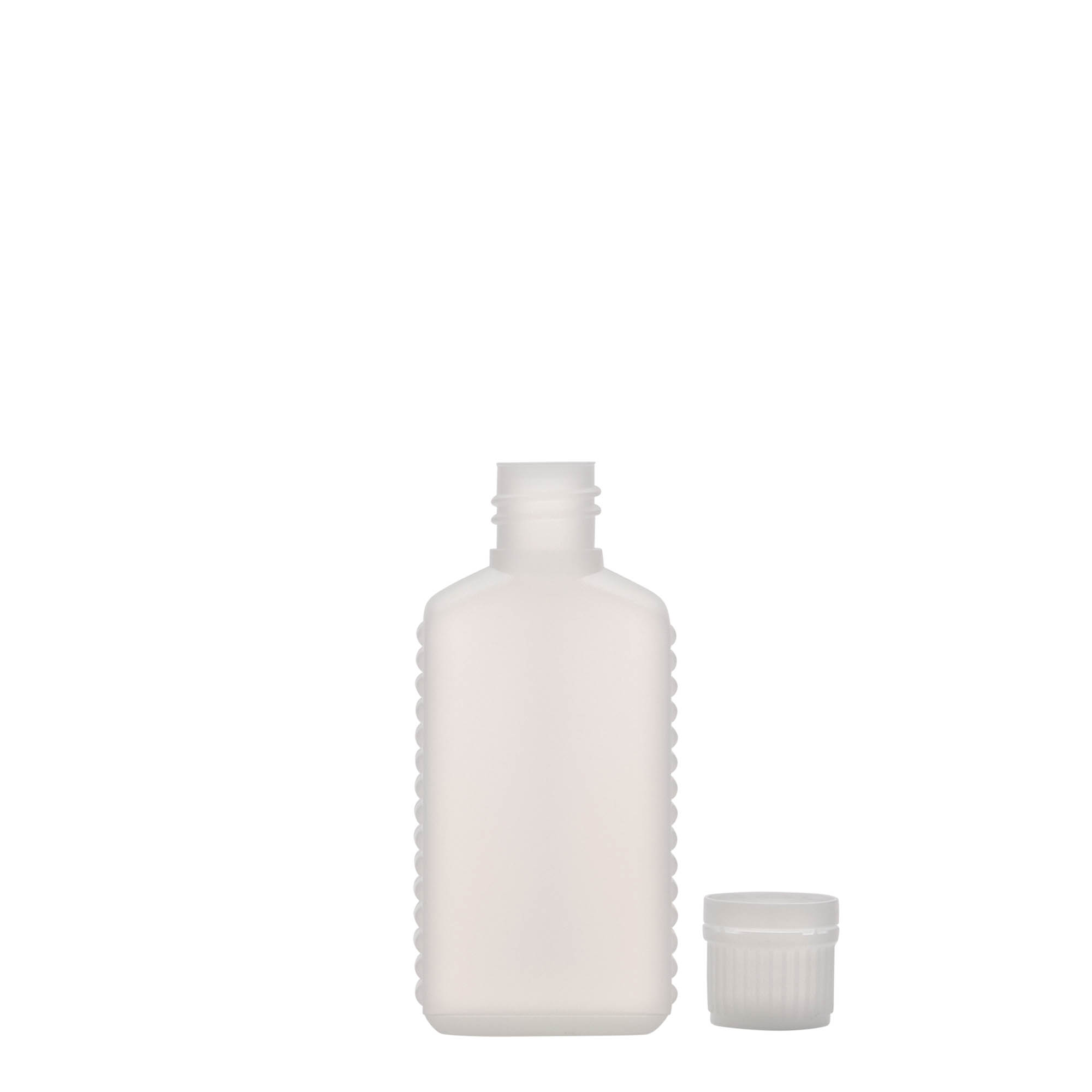 50 ml kanisteripullo kapealla kaulalla, suorakulmainen, HDPE-muovia, luonnonvärinen, suuaukko: DIN 18