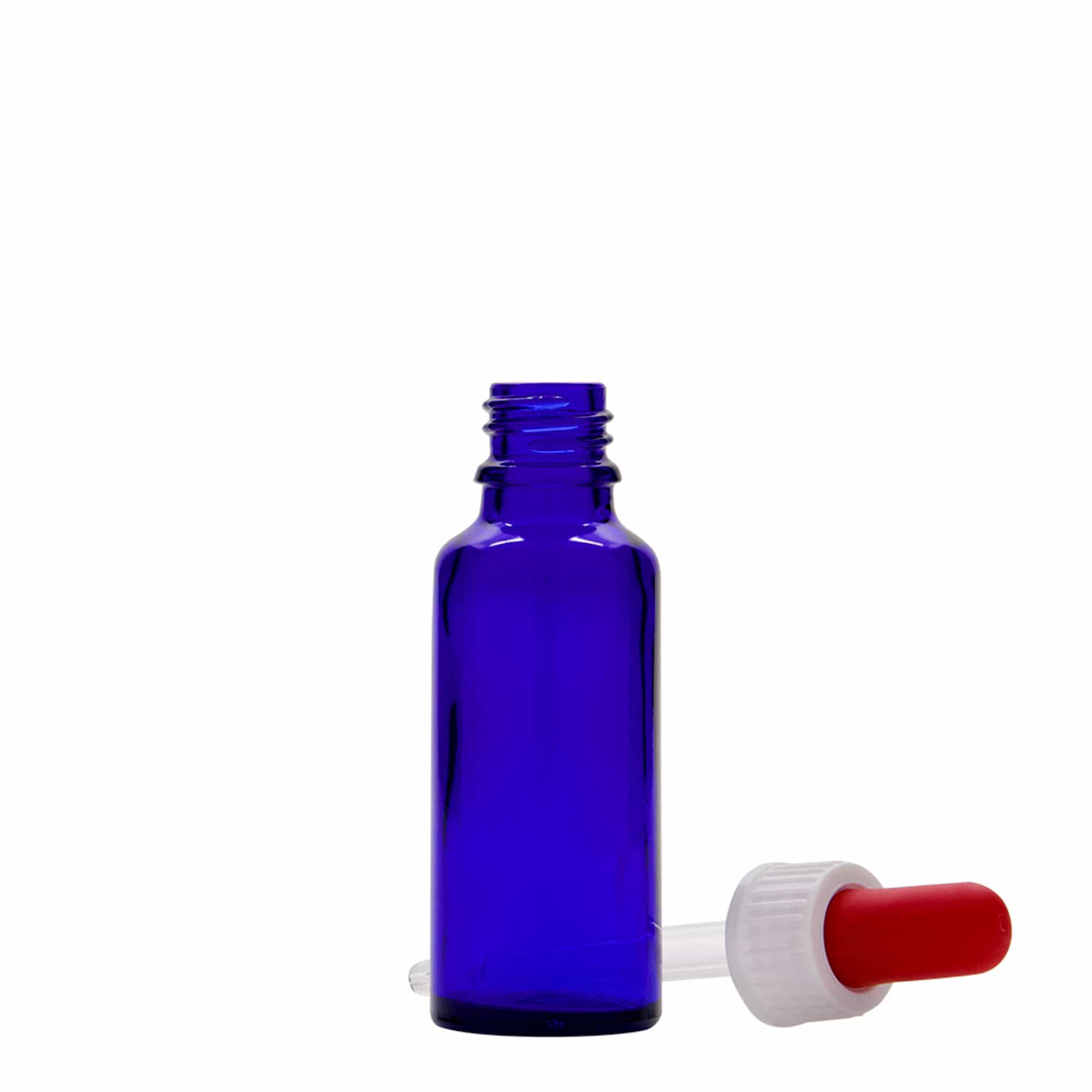 30 ml lääketieteellinen pipettipullo, lasia, kuninkaansininen-punainen, suuaukko: DIN 18 30 ml lääketieteellinen pipettipullo, lasia, kuninkaansininen-punainen, suuaukko: DIN 18