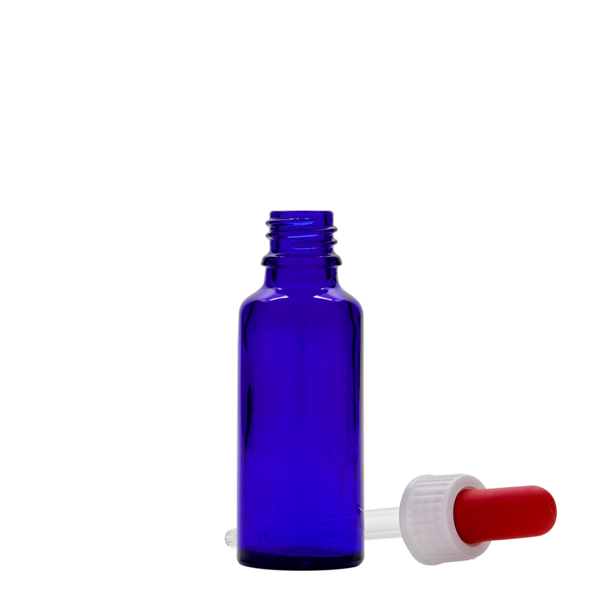 30 ml lääketieteellinen pipettipullo, lasia, kuninkaansininen-punainen, suuaukko: DIN 18